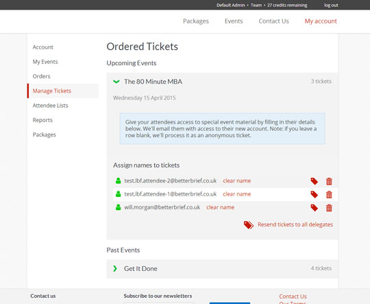 Event system: User dashboard for tickets