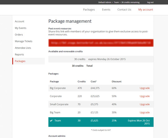 Event system: User dashboard for packages